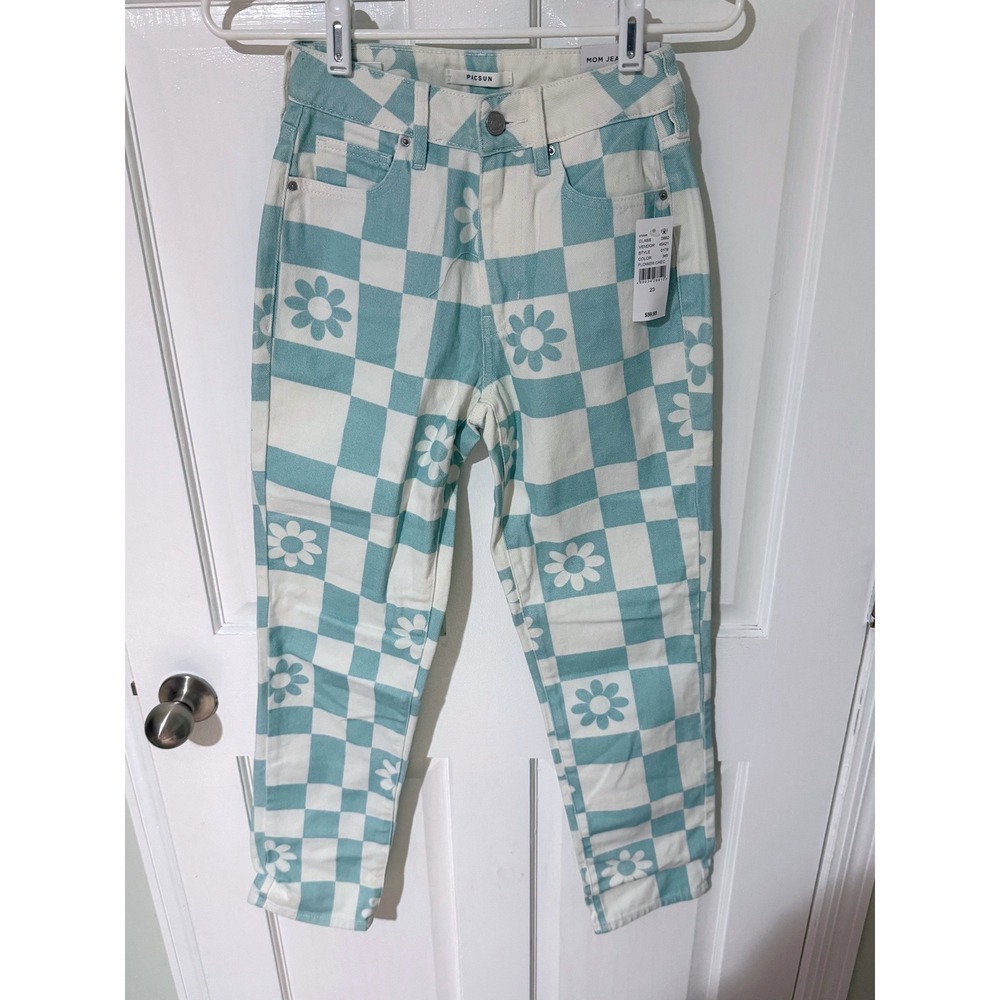 PacSun Mom Jeans Teal White Checkered Daisy Flower Print High Rise Size 23 NWT